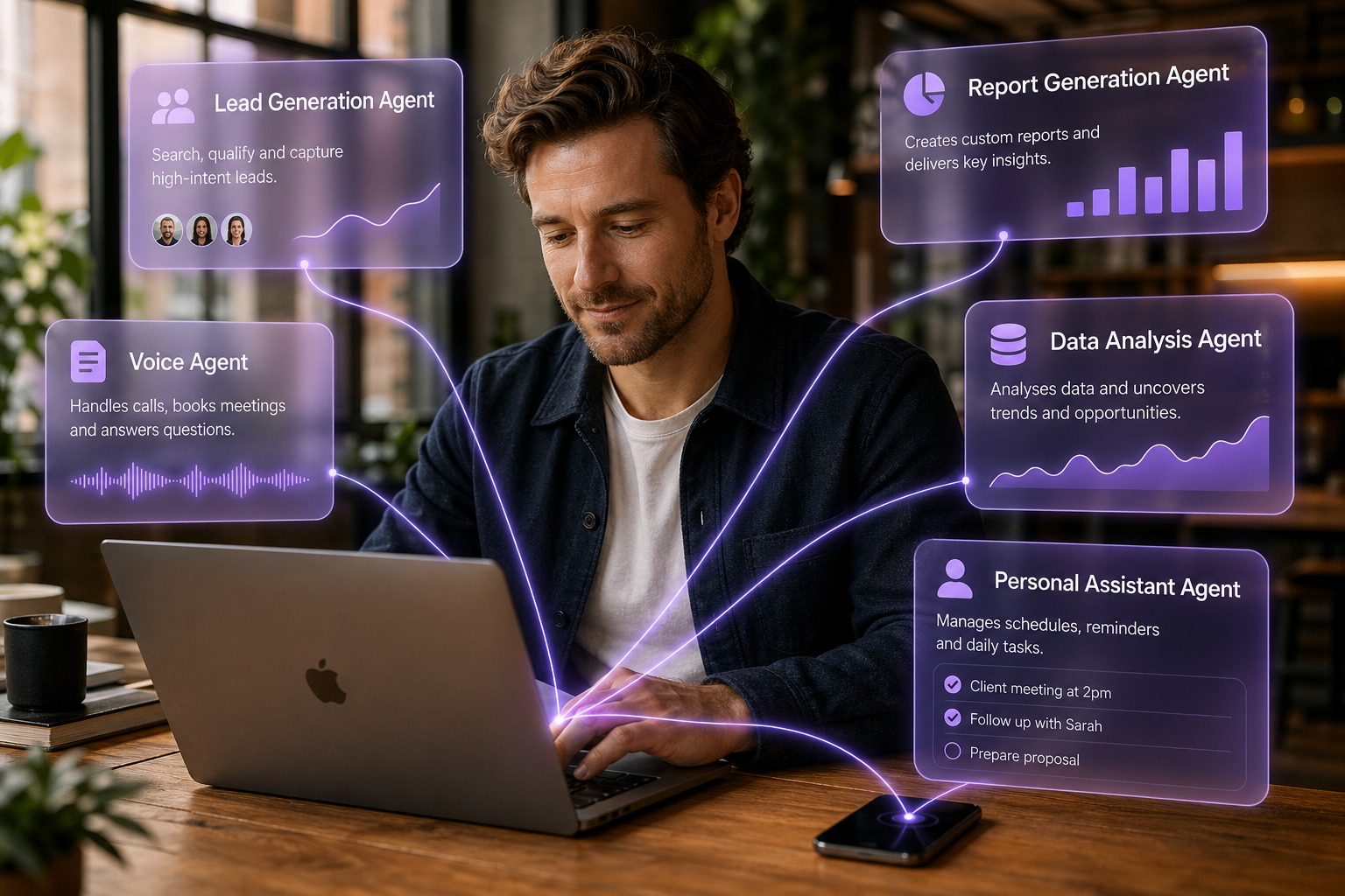A small business owner with CrewAmp AI agents working around their laptop and phone